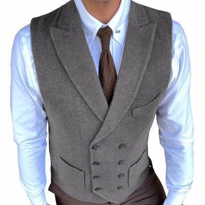 Men Vest Gray Herringbone Solid With Lapel Double Button Waistcoats For Wedding Banquet Business Office Work Men Suit Vest