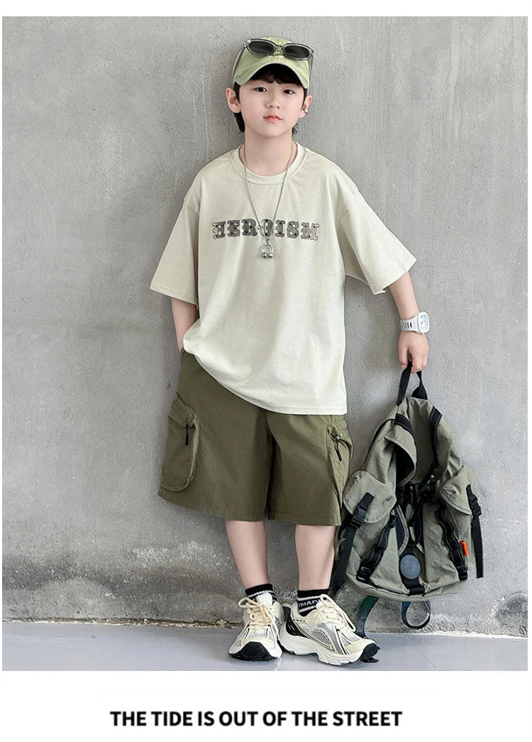 New Summer Korean Children Fashion Suit for Teen Boy Cotton Top And Bottom Set Kids Casual Tshirt Shorts 2PCS Clothing Set 7-16Y