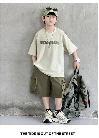 New Summer Korean Children Fashion Suit for Teen Boy Cotton Top And Bottom Set Kids Casual Tshirt Shorts 2PCS Clothing Set 7-16Y