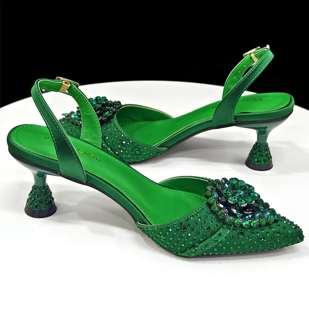 Blue Color Rhinestone Comfortable high heel shoe And Bag Fashion Style Pointed-Toe Shoes For Women Or Commuting Shoes