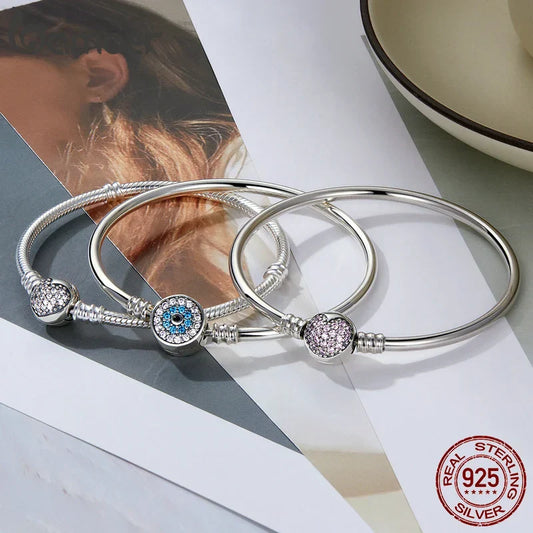 Bracelet et jonc en argent sterling 925 avec cœur rose, serti pavé de zircones, chaîne serpent pour femmes, pendentif, breloque, perle, bijoux à faire soi-même