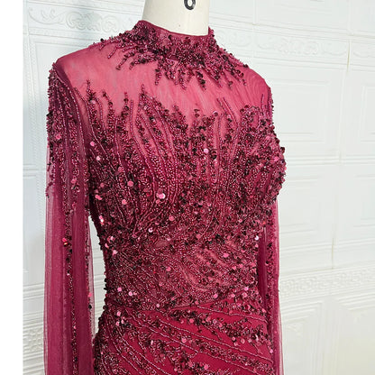Luxury Saudi Arabia Mermaid Beaded Cape Sleeves High-Neck Evening Dresses 2025 Dubai Party Gowns for Women Wedding Customized