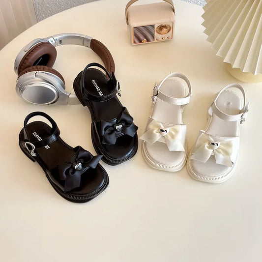 2025 New Children's Sandals Summer Bow Princess Casual Shoes Children's Soft Bottom Beach Flat Shoes Fashionable and Versatile