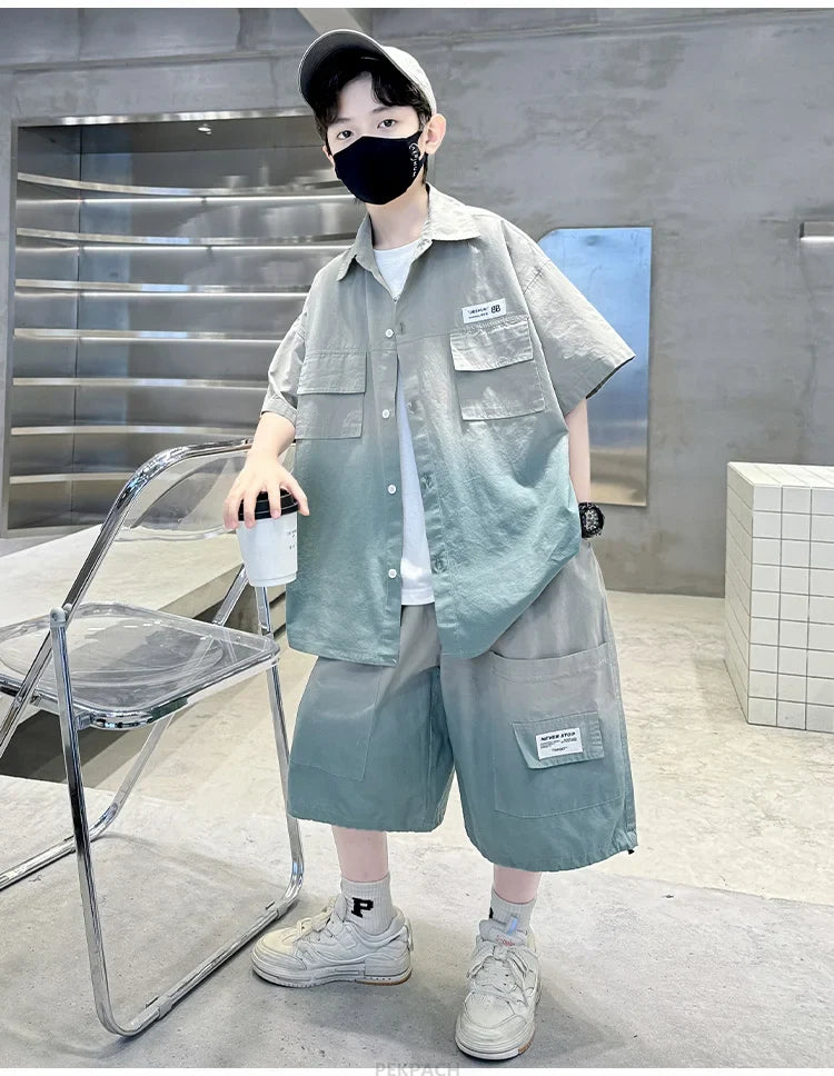Loose Style Child Pocket Outfit Suit Cool Big Boys Summer Clothes Set Teens Kids Shirt+Shorts 2PCS Clothing Set Gradient Costume