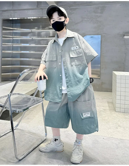 Loose Style Child Pocket Outfit Suit Cool Big Boys Summer Clothes Set Teens Kids Shirt+Shorts 2PCS Clothing Set Gradient Costume