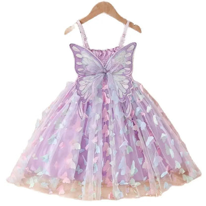 2024 Girls Purple Butterfly Dress Summer Children Colorful Mesh Dress Baby Sling Wings Princess Dress for Birthday 3-8T