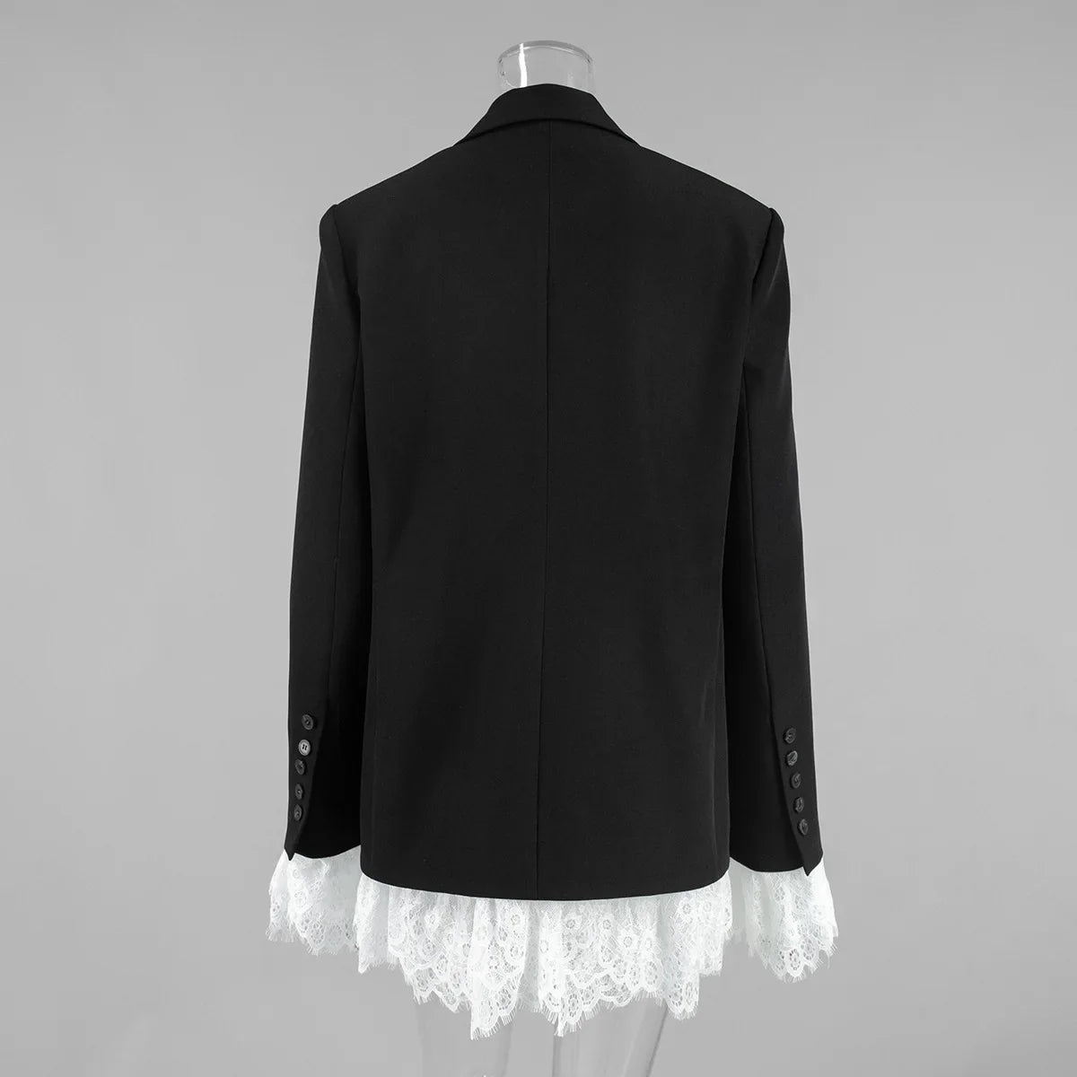 Spring Autumn Elegant Lace Splicing Blazer V-Neck Oversized Black Coat Chic Streetwear Women