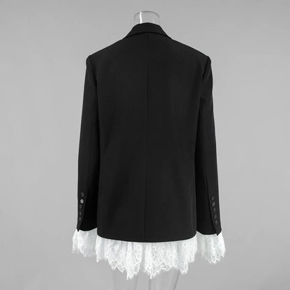 Spring Autumn Elegant Lace Splicing Blazer V-Neck Oversized Black Coat Chic Streetwear Women