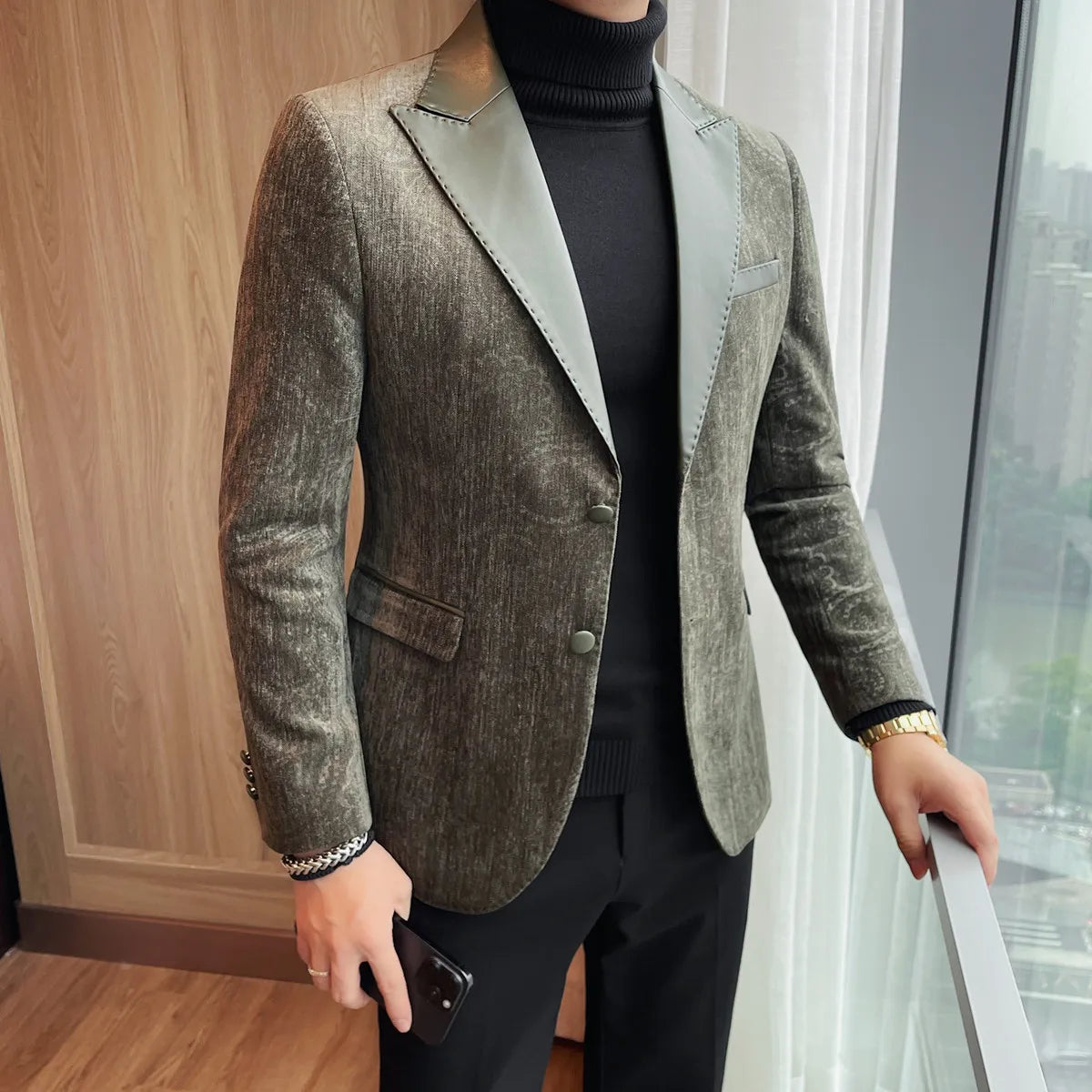 2025 Fashion Leather Neck Spliced Suit Jacket Luxury Men's Business Slim Fit Social Formal Blazers Coats Wedding Groom Tuxedos