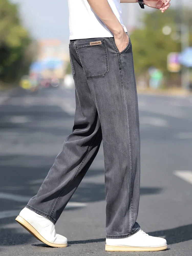 Loose Wide-leg Men's Thin Jeans Lyocell Soft Drape Fabric Comfort Trousers Spring Summer Fashion Brand Washing Denim Pants