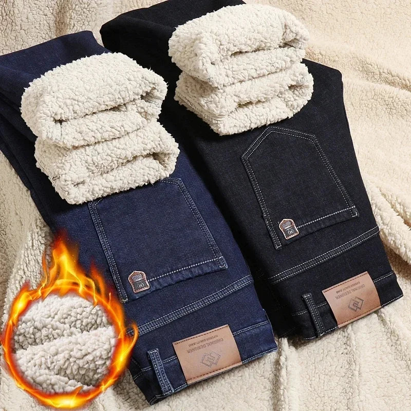 Winter Warm Fleece Jeans Men 2023 Straight Stretch Thick Casual Thermal Denim Pants Male Business Work Trousers New Men Clothing