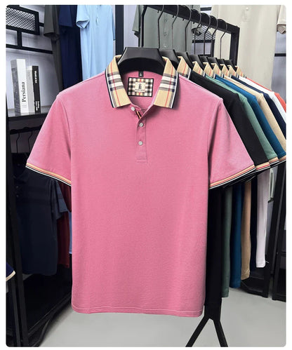 Fashion brand luxury short sleeve polo shirt men summer quality silky cotton breathable business casual striped collar T-shirt