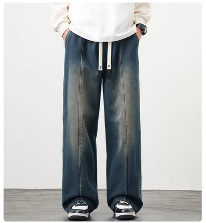 Plus Size M-8XL Baggy Jeans Men's Blue Black Streetwear Elastic Waist Y2K Trousers Fashion Straight Leisure Wide Denim Pants