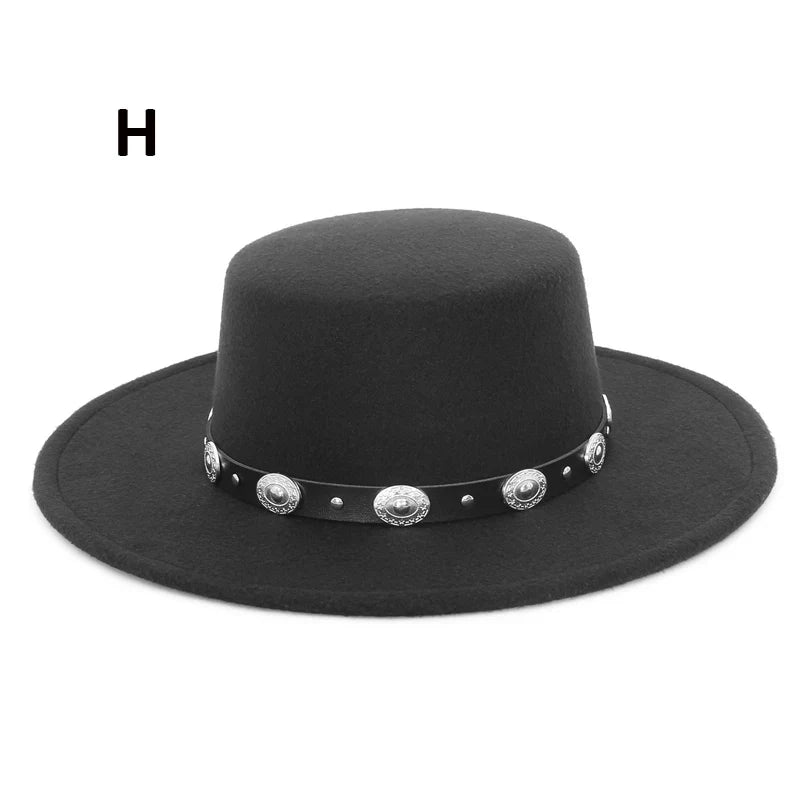 Elegant Wide Brim Fedora Hat for Women Men Flat Top Boater Hat Belt Buckle Fedoras Church Panama Hats