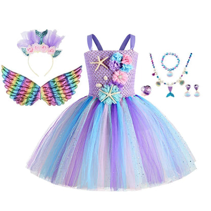 Girls Mermaid Tutu Dress Under the Sea Theme Birthday Party Carnival Costumes with Flower Headband Ocean Halloween Dresses 1-12Y