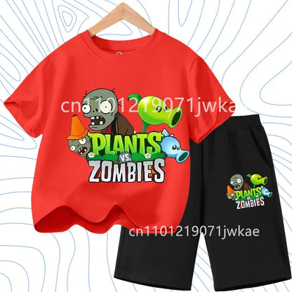 Children's Plants Vs. Zombies Short-Sleeved T-Shirt Set Cotton Summer Fashion Comfortable Top+pants for Boys and Girls