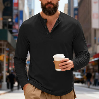 2025 NEW Men's Long Sleeve Henley Shirts Spring Autumn Daily Casual Solid Color Pullover Tops Mens Fashion T Shirt