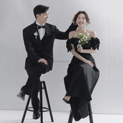 Wedding Dresses Sweet Bow Off The Shoulder For Women 2024 Satin Black Evening Dress Elegant Floor-length Simple Wedding Shooting