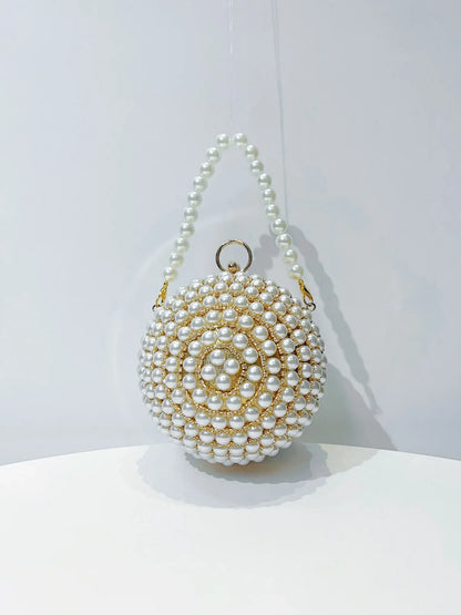 Round Pearl Clutch Purse Handbag Luxury Elegant Evening Bag Ring Handle For Women Bride Bridesmaid Wedding Party Handbag Purses
