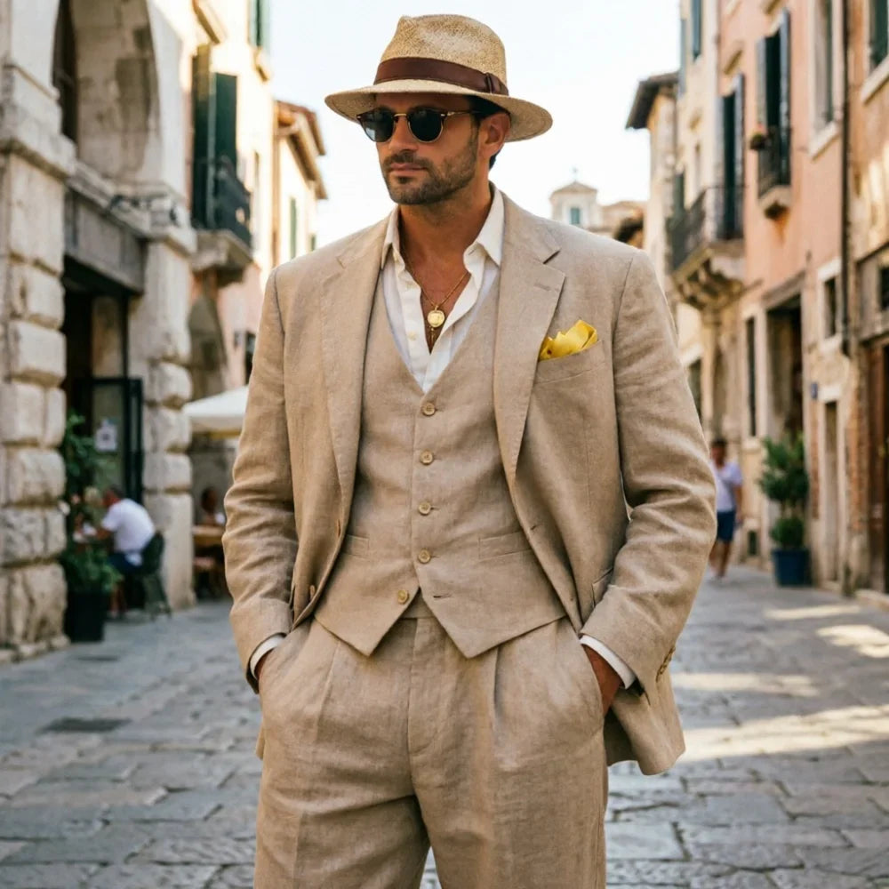 Relaxed Linen Men Suits Dark Green 3 Pieces Minimalist Single Breasted Casual Suit For Summer Wedding Party Business Occasion