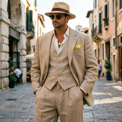 Relaxed Linen Men Suits Dark Green 3 Pieces Minimalist Single Breasted Casual Suit For Summer Wedding Party Business Occasion