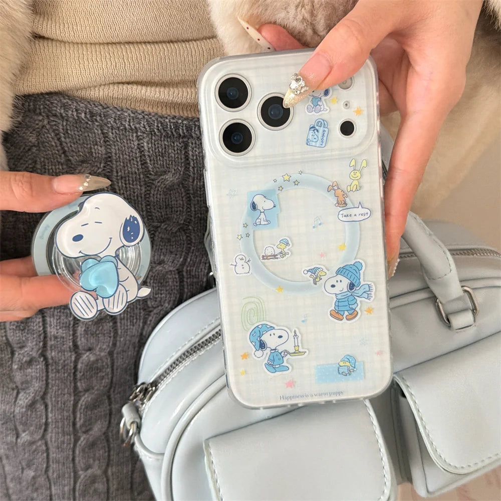 Ins Plaid Kawaii Snoopy Magnetic Phone Case for iPhone 17 Pro 13 14 15 16 Pro Max Cover With Magsafe Stand Cute Shockproof Funda