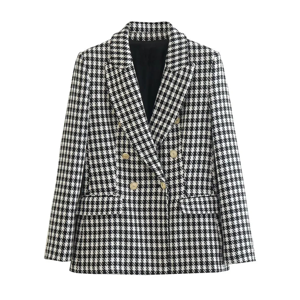 Women Fashion Double Breasted Houndstooth Blazer Coat Vintage Long Sleeve Flap Pockets Female Outerwear Chic Vestes