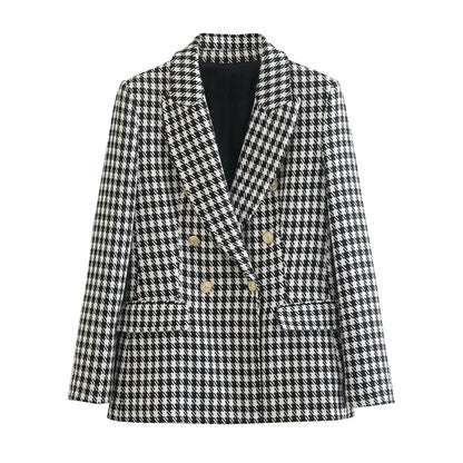 Women Fashion Double Breasted Houndstooth Blazer Coat Vintage Long Sleeve Flap Pockets Female Outerwear Chic Vestes