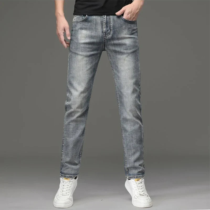 2025 Autumn New Slim Straight Jeans Men's Vintage Grey Elastic Cotton Fashion Casual Wash Denim Pants Korean Male Trousers