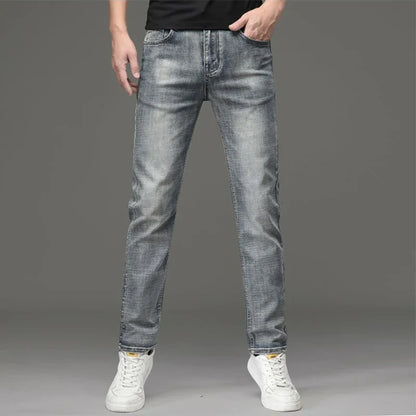 2025 Autumn New Slim Straight Jeans Men's Vintage Grey Elastic Cotton Fashion Casual Wash Denim Pants Korean Male Trousers