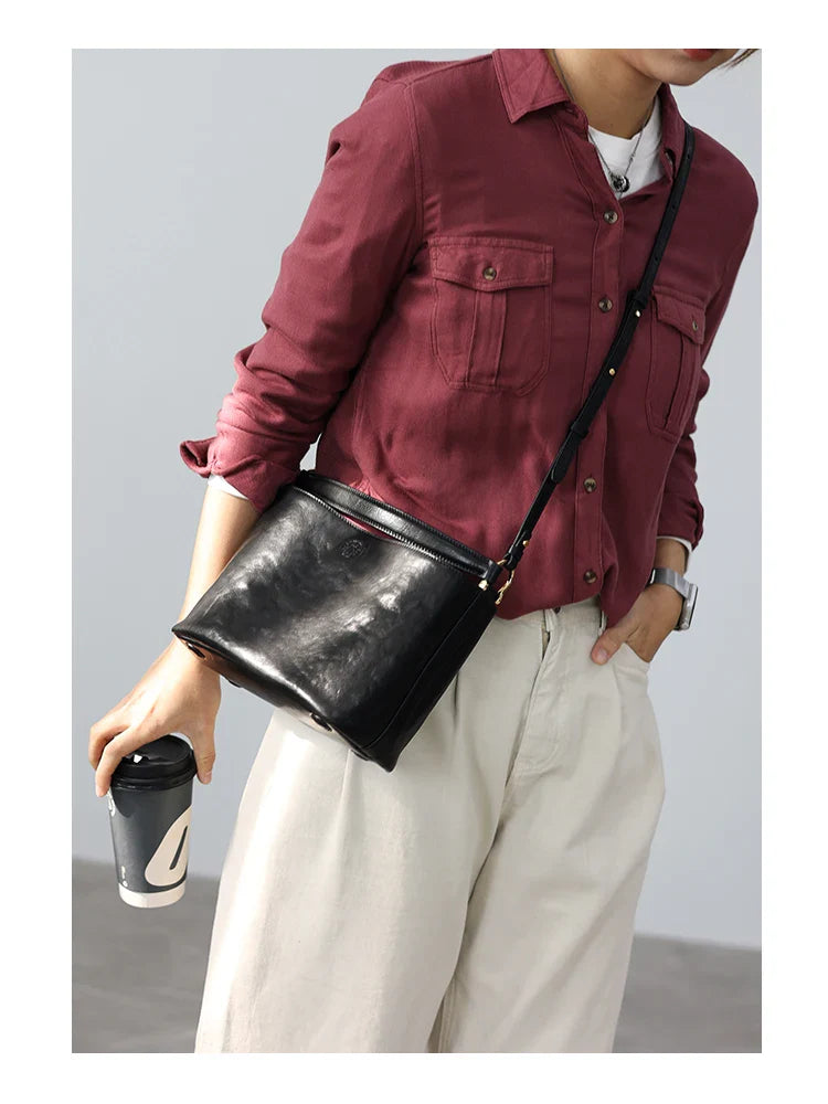 2024 New Arrival Genuine Leather Crossbody Bucket Bags Women Luxury Retro Small Handbag Soft Shoulder Bag