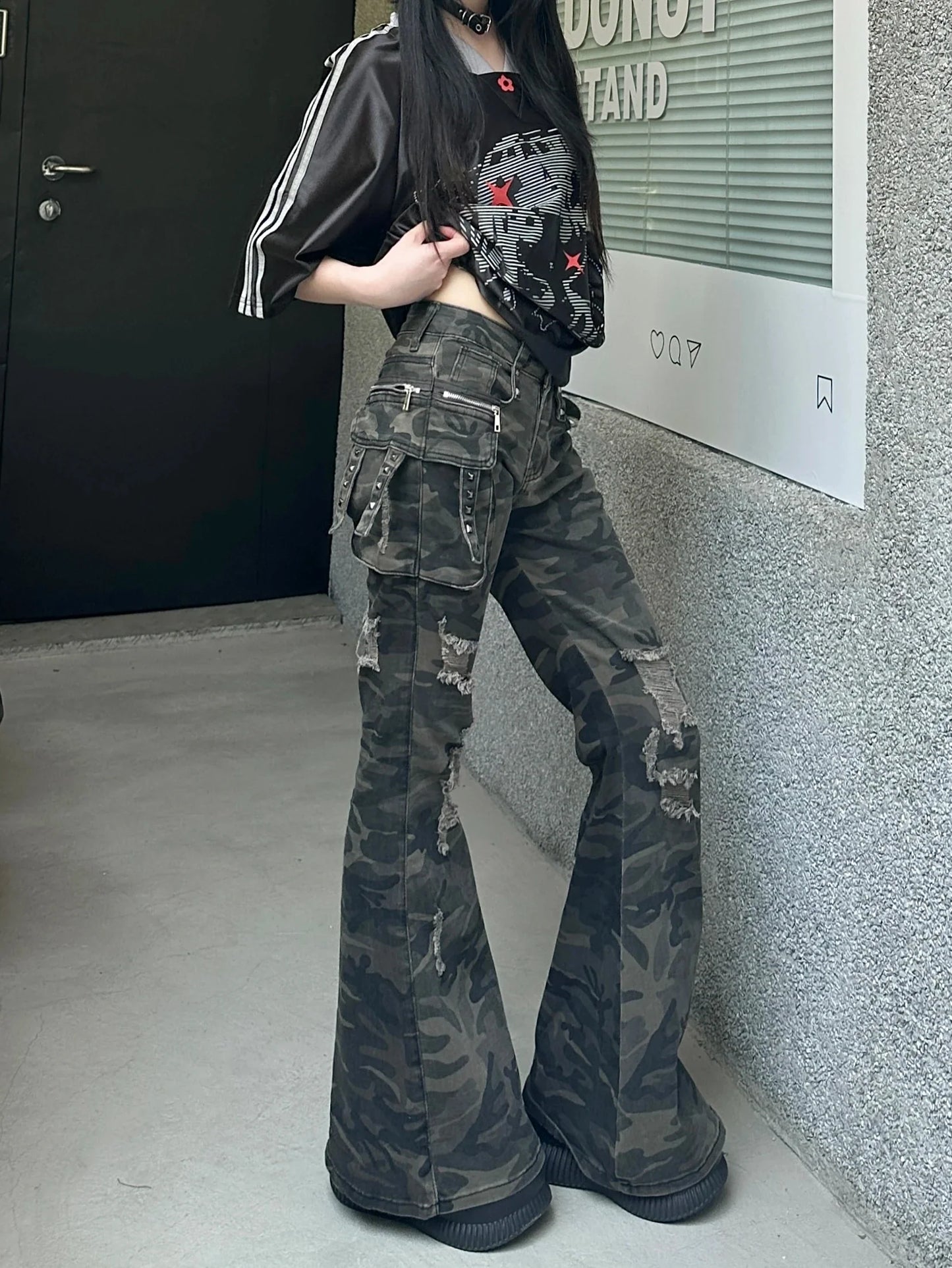 2025 Autumn Winter Women's Harajuku Denim Flare Pants Low Rise Camouflage Cargo Jean Bell Bottom Y2k Cowbow New In Kpop Grunge
