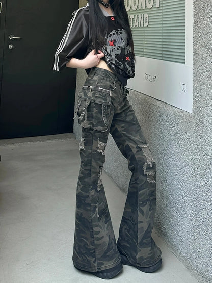 2025 Autumn Winter Women's Harajuku Denim Flare Pants Low Rise Camouflage Cargo Jean Bell Bottom Y2k Cowbow New In Kpop Grunge