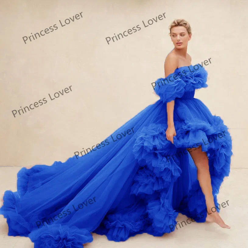 Women Prom Dresses Tulle High Low Vestido de Novia Robes Off the Shoulder Evening Dress Ruffled Fluffy Party Gowns Customized