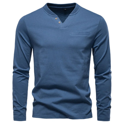 High Quality Men's long sleeve t-shirt Fashion pure 100% cotton henley collar T shirt man polera manga larga hombre