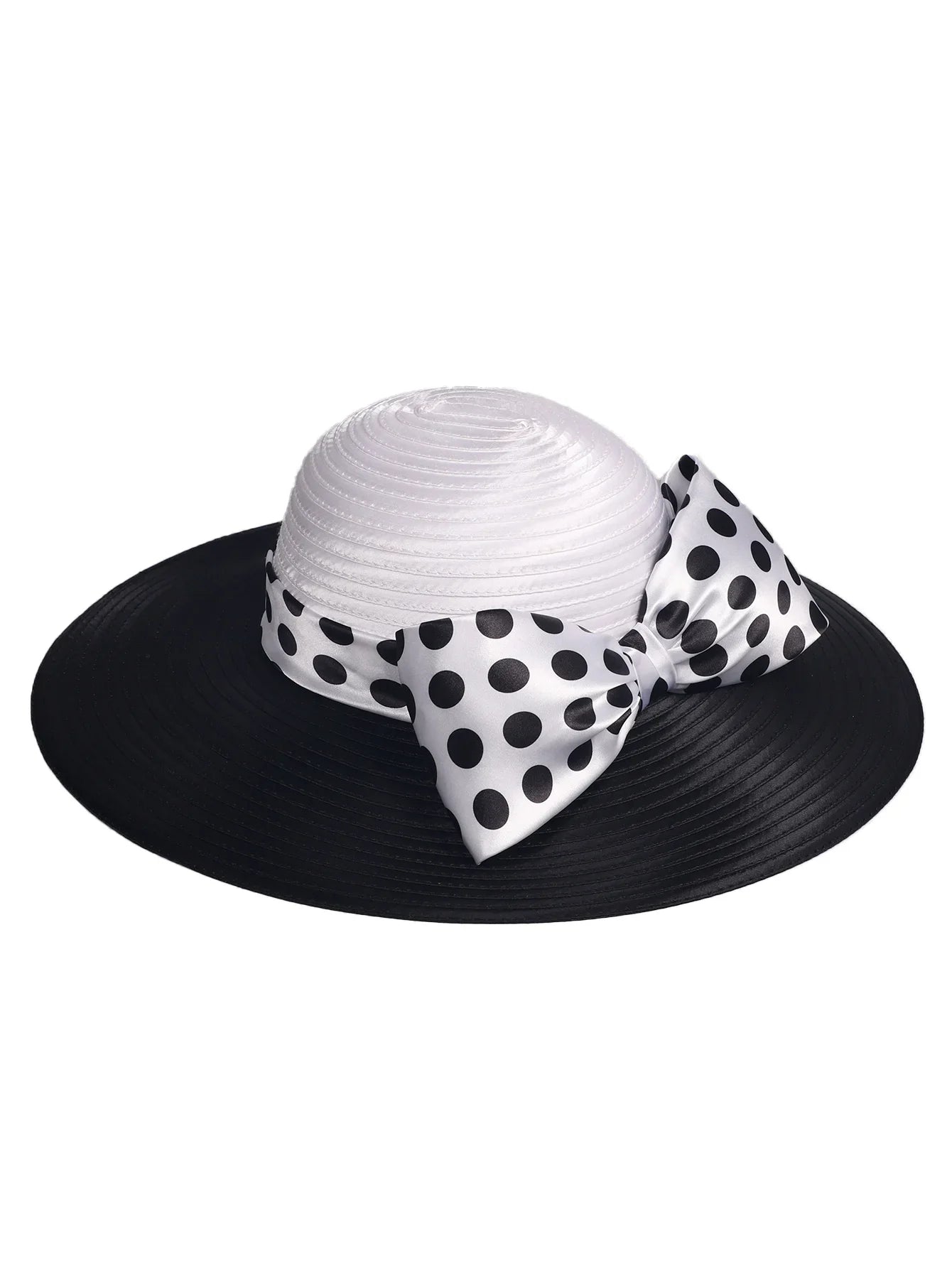 Elegant Women Wide Brim Rose Black Patchwork Polka Dots Kentucky Hat For Wedding Party Hat Big Bowknot Fedora Beach Cap