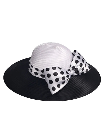 Elegant Women Wide Brim Rose Black Patchwork Polka Dots Kentucky Hat For Wedding Party Hat Big Bowknot Fedora Beach Cap