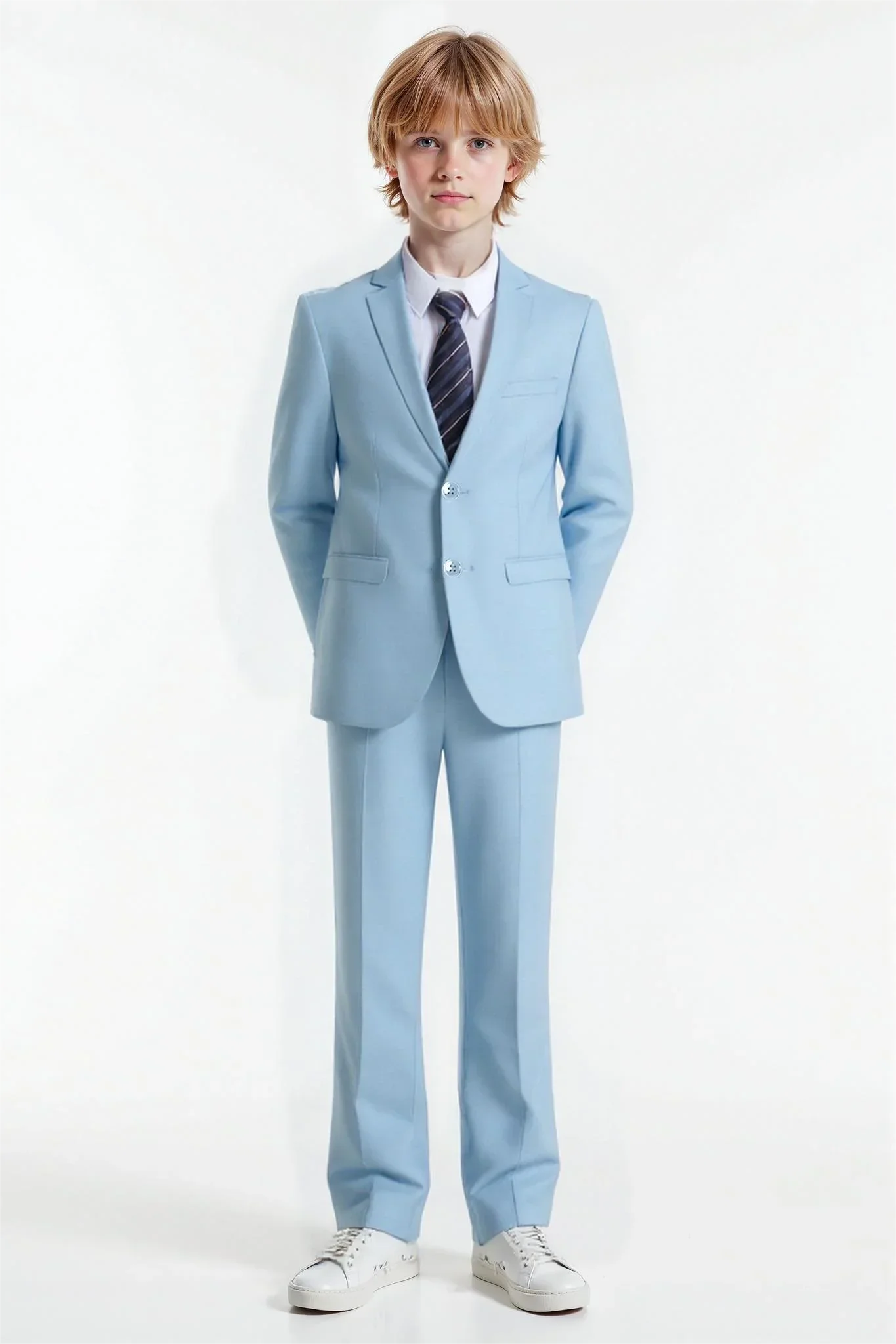 Boys Suit 3-Piece Jacket Pants Navy Yellow Pinstripe Tie Casual Fashion Wedding Birthday Party Size 4-16Y Teen Suit Tuxedo