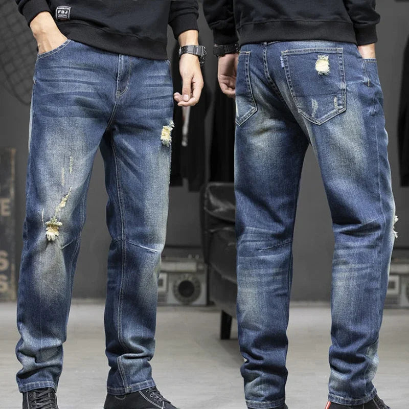 Male Cowboy Pants Straight Trousers with Pockets Blue Jeans for Men Retro Baggy Buggy Autumn Clothing Washed Original Winter Xs