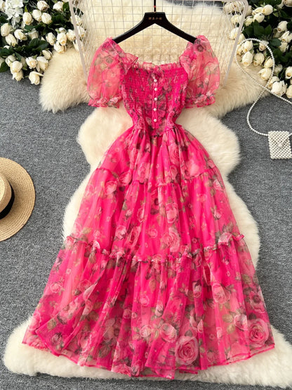 Retro Floral Chiffon Dr Women's Waist Cinched Bubble Sve Me Skirt Tea Break Gentle Soft Sle Korean High Waist A-Lin...