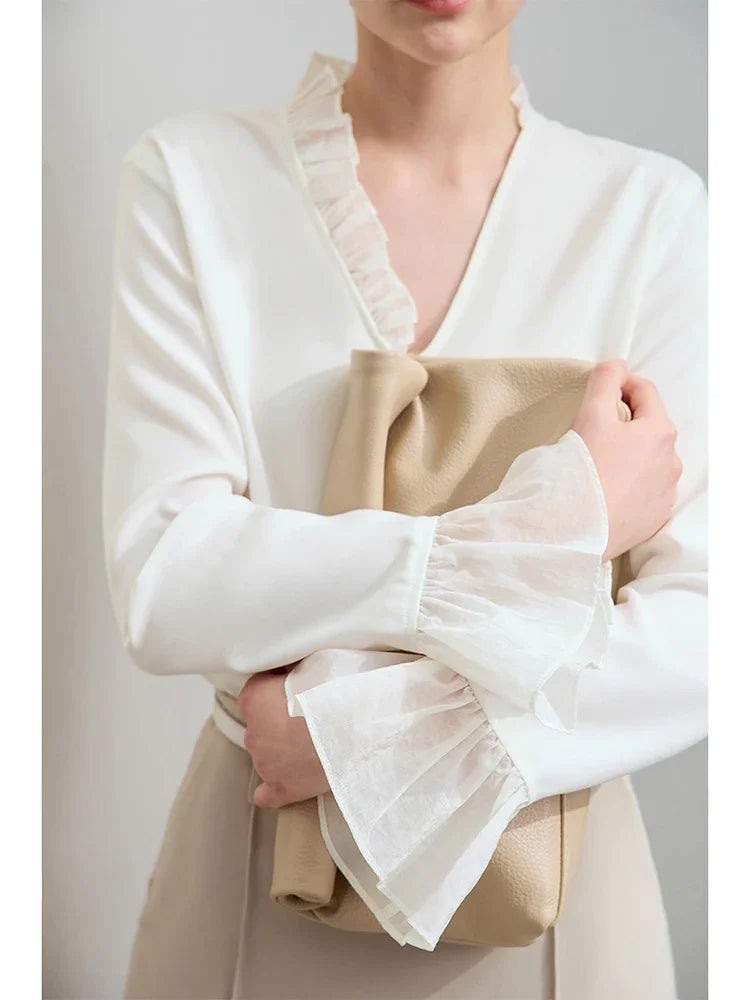 Minimalist Chiffon Shirt For Women 2025 Autumn New Office Lady V-neck Ruffle Splicing Loose Long Sleeved Blouse 12511078