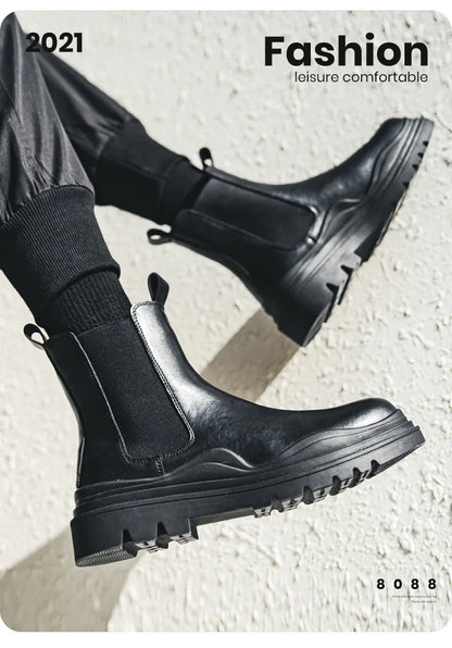 Fashion Mens Sheoes Platform Chelsea Boots Thick Bottom Split Leather Ankle Boots Male Footwear Round Toe Short Boots