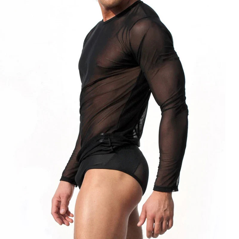 Sexy Unique Transparent T-shirt Men See Through Autumn Long Sleeve Tops Tees Undershirt Spring Slim Casual T Shirts Tshirts