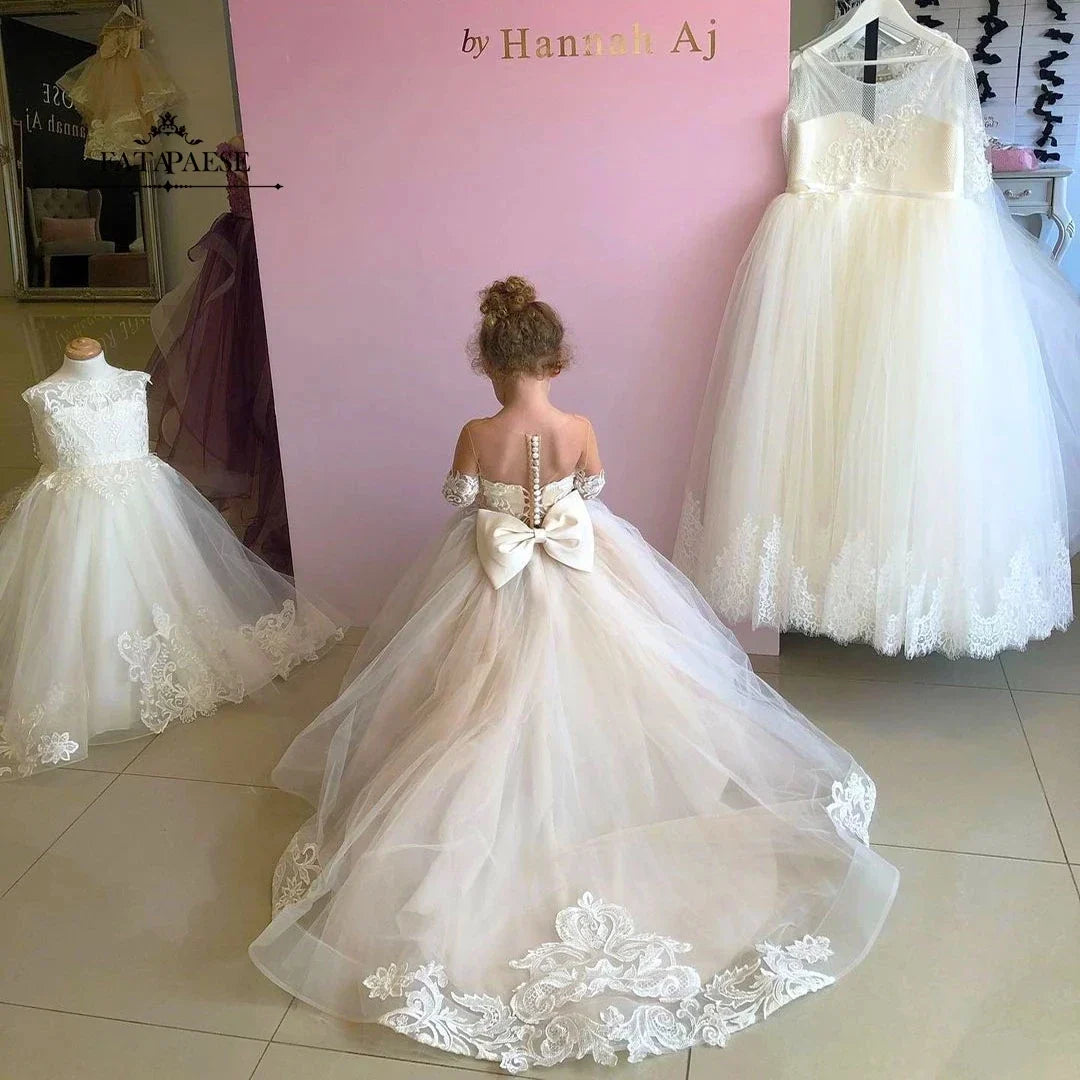 Flower Girl Dresses For Weddings Long Sleeve Lace Tulle Bow Back Children's Elegant Dress vestidos para niñas
