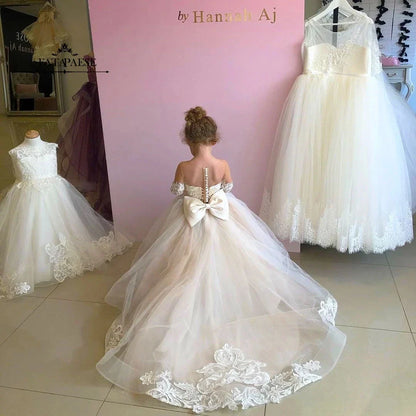 Flower Girl Dresses For Weddings Long Sleeve Lace Tulle Bow Back Children's Elegant Dress vestidos para niñas