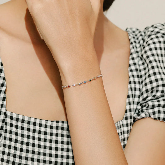 Bracelet à maillons de style bohème pour femme en argent sterling 925 véritable, couleur arc-en-ciel, zircone cubique, accessoire de mode féminin
