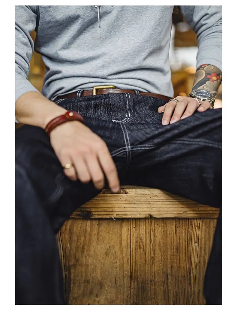 Vintage 12oz One-Washed Denim Jeans for Men Straight Wide Leg Trousers Loose Fit Zip Fly Casual Pants for Fall Winter