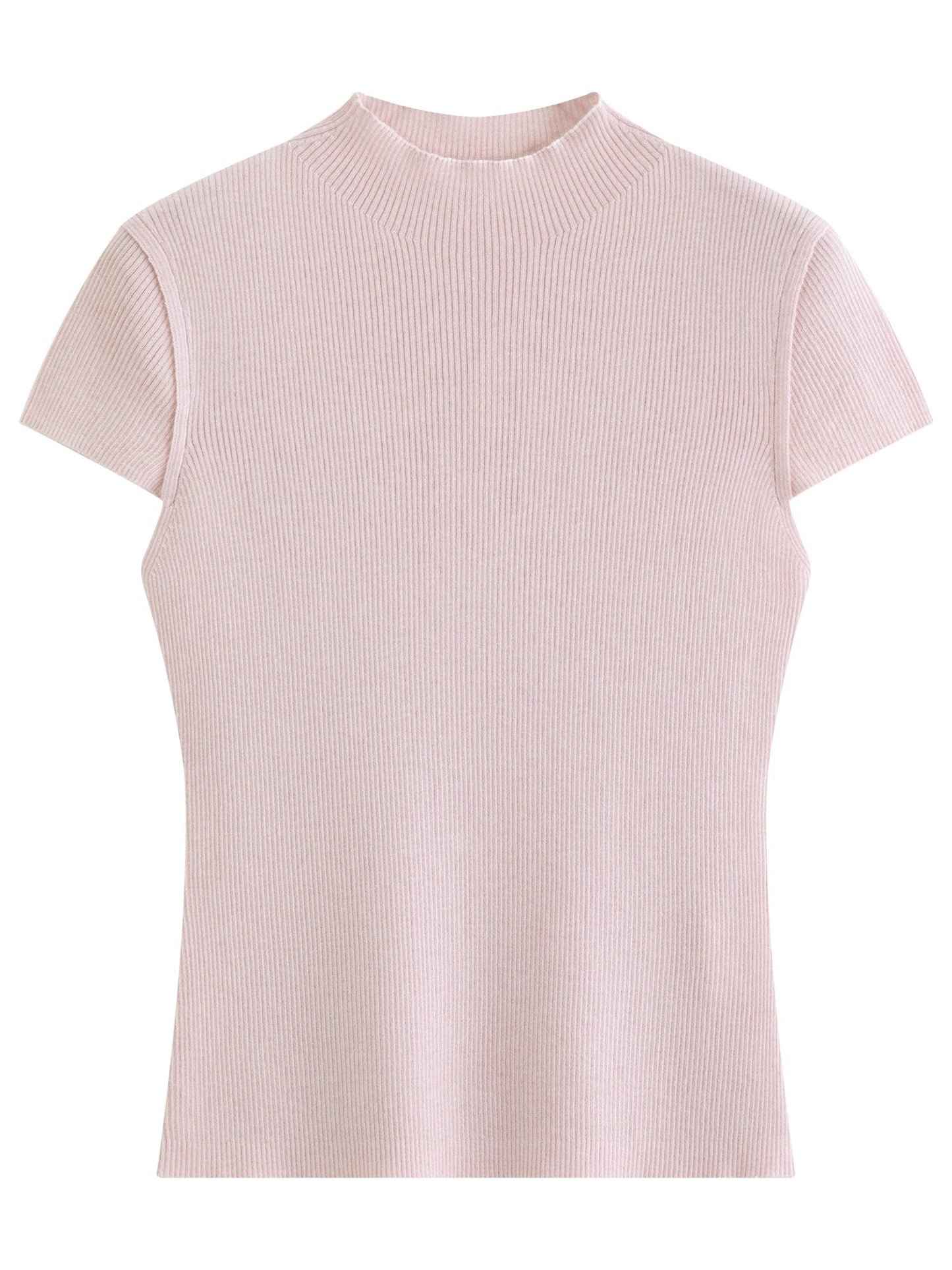 2026 Spring Women's Semi-High Neck Solid Wool Knit Sweater - Slim Fit Short Sleeve Simple Top for Casual Office Wear