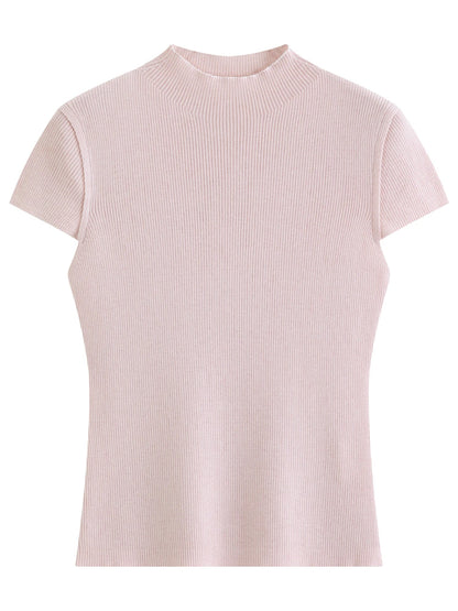 2026 Spring Women's Semi-High Neck Solid Wool Knit Sweater - Slim Fit Short Sleeve Simple Top for Casual Office Wear