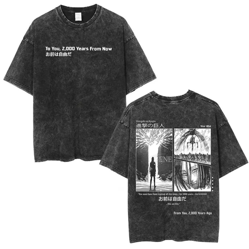 Anime Attack on Titan Washed T-Shirt Ackerman Mikasa Eren Jaeger Cherry Blossom Graphics Logo T Shirt Men Women Cotton T Shirts